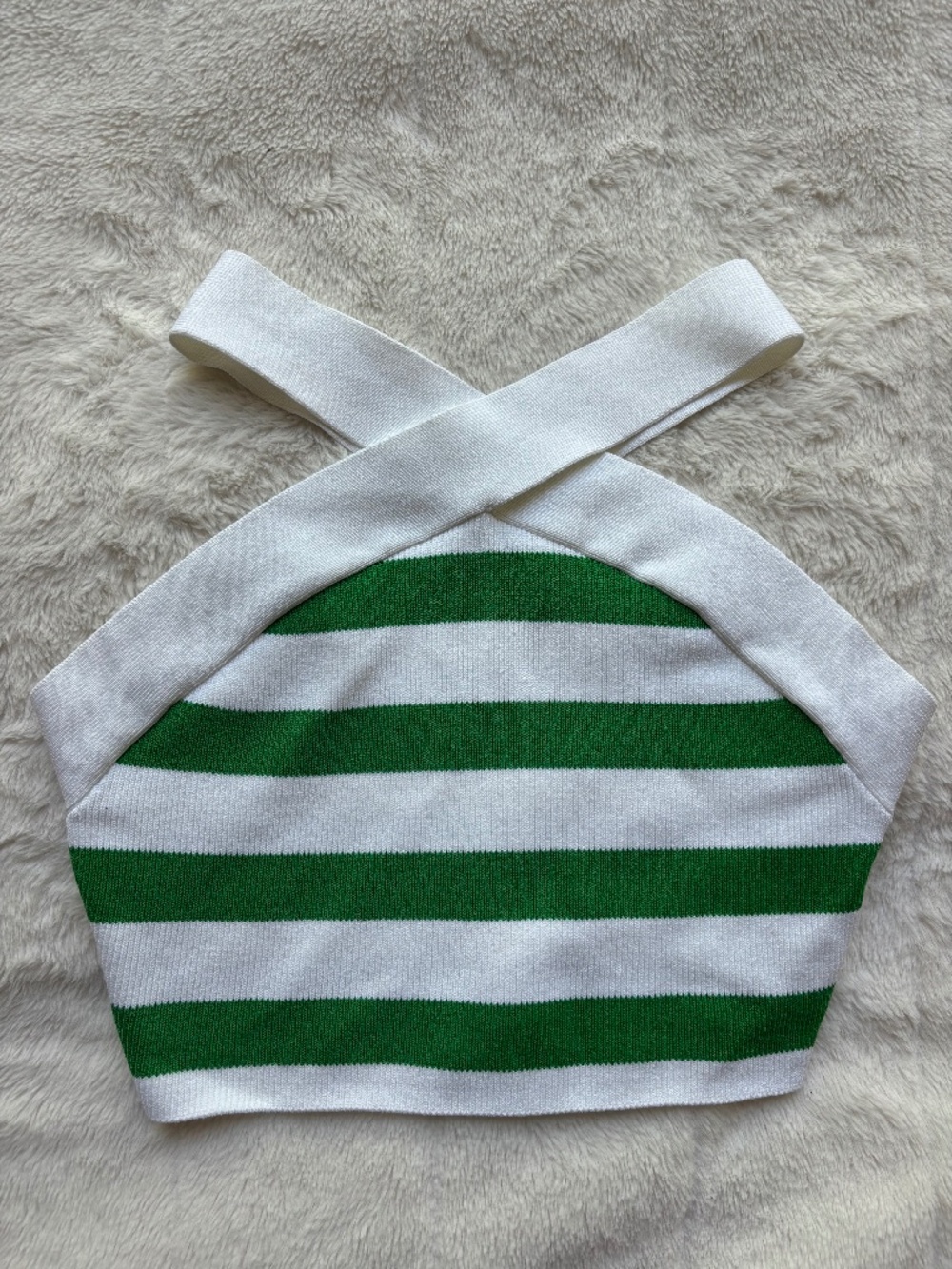 Aritzia Babaton Green White Striped Cross Front Halter Knit Crop Top Size M